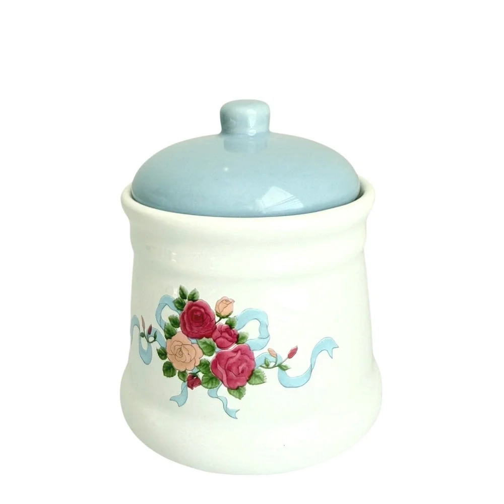Floral Rose Musical Ceramic Canister White Blue Ribbon Cottagecore 5